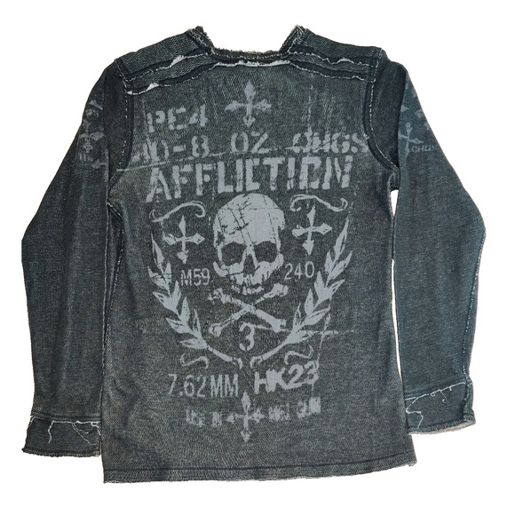 Affliction Mens Reversible Thermal Shirt Sz L Gray Skulls Grunge